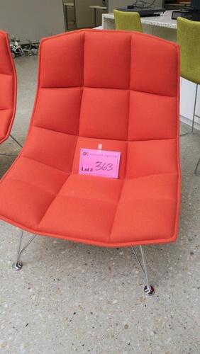 KNOLL "JEHS + LAUB" LOUNGE CHAIR, MOLDED AND REINFORCED URETHANE SHELL, POLYURETHANE FOAM WITH POLYESTER-FIBER UPHOLSTRY BACKING, HIDDEN SEAM TUFTING, POLISHED CHROME WIRE BASE, RED FABRIC. MSRP $5000