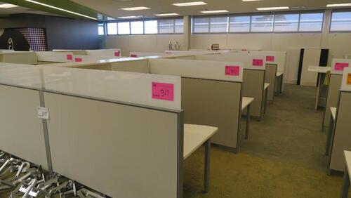 LOT OF 8 ARRANGED HIVE STYLE, HERMAN MILLER "CANVAS OFFICE LANDSCAPE" CUBICLES, BASIC CONFIGURATION AS FOLLOWS: 6' X 6' FOOTPRINT EACH, FT110 FRAMES, FT117 ARCHITECTURAL FEET, FT160 FINISHED ENDS, FT114 FRAME TOP SCREENS, FT128 CONNECTORS, FT380 FRAME TIL