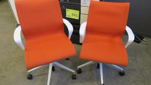 LOT OF 2, HERMAN MILLER "SETU" CHAIR, 5 STAR BASE WITH CASTERS, RIBBON ARMS, STUDIO WHITE FRAME, SEMI POLISHED BASE, CARPET CASTERS, ORANGE DIVINA FABRIC SEAT AND BACK. MSRP $1000 EACH.