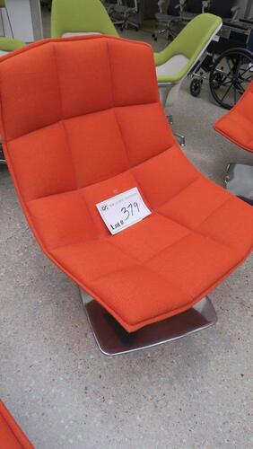 KNOLL "JEHS + LAUB" LOUNGE CHAIR, MOLDED AND REINFORCED URETHANE SHELL, POLYURETHANE FOAM WITH POLYESTER-FIBER UPHOLSTRY BACKING, HIDDEN SEAM TUFTING, POLISHED CHROME WIRE BASE, RED FABRIC. MSRP $5000