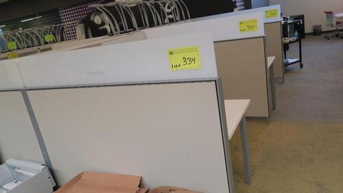 LOT OF 4 ARRANGED HIVE STYLE, HERMAN MILLER "CANVAS OFFICE LANDSCAPE" CUBICLES, BASIC CONFIGURATION AS FOLLOWS: 6' X 6' FOOTPRINT EACH, FT110 FRAMES, FT117 ARCHITECTURAL FEET, FT160 FINISHED ENDS, FT114 FRAME TOP SCREENS, FT128 CONNECTORS, FT380 FRAME TIL