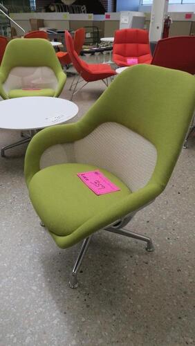 STEELCASE "SW 1" LOUNGE CHAIR BY COALESSE, LOW BACK, 4 STAR BASE, POLISHED FRAME, SWIVEL RETURN, APPLE GREEN CLOTH. MSRP $1876