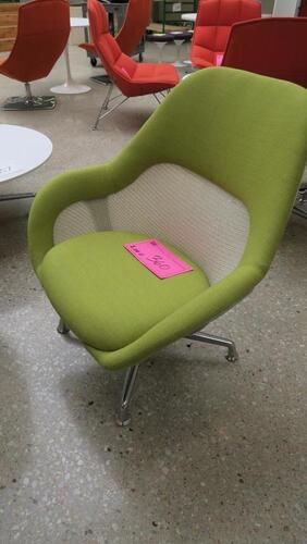 STEELCASE "SW 1" LOUNGE CHAIR BY COALESSE, LOW BACK, 4 STAR BASE, POLISHED FRAME, SWIVEL RETURN, APPLE GREEN CLOTH. MSRP $1876