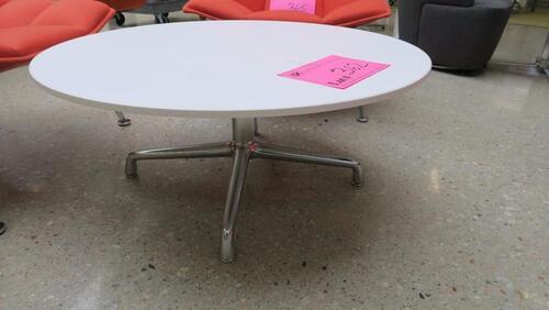 STEELCASE "SW 1" OCCASIONAL TABLE, 36" ROUND, 15" TALL, 4 STAR BASE, POLISHED FRAME, WHITE VENEER TOP. MSRP $1847