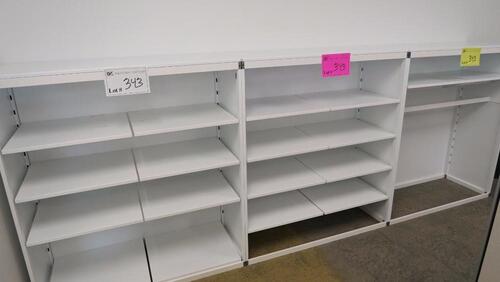 LOT OF 3, WHITE STEEL OPEN FACE STOREGE CABINET, FRONT AND BACK SHELF RAILS, FULLY ADJUSTABLE. W 48" X D 20" X H 56", CONFIGURED AS SHOWN. MSRP $750 EACH.