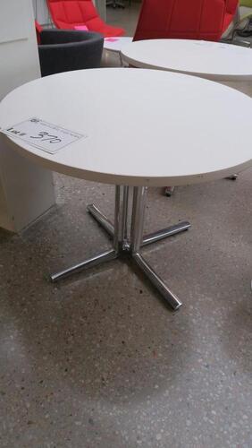 HERMAN MILLER "EVERYWHERE TABLE", SQUARE EDGE, 36" DIAMETER ROUND TOP, WHITE LAMINATE, 28 1/2" TALL, 4 COLUMN POLISHED BASE, DT1CS36LX. MSRP $1210