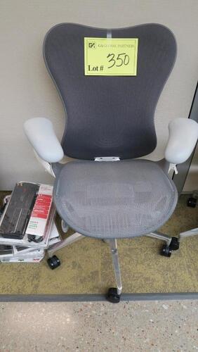 HERMAN MILLER "MIRA 2" PERFORMANCE WORK CHAIR, TILT LIMITER WITH SEAT ANGLE ADJUSTMENT, ADJUSTABLE ARMS, FLEXFRONT ADJUSTABLE DEPTH SEAT, BUTTERFLY SUSPENSION BACK, ADJUSTABLE LUMBAR SUPPORT, SEMI-POLISHED BASE WITH STUDIO WHITE FRAME, 2.5" STANDARD CASTE