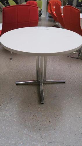 HERMAN MILLER "EVERYWHERE TABLE", SQUARE EDGE, 36" DIAMETER ROUND TOP, WHITE LAMINATE, 28 1/2" TALL, 4 COLUMN POLISHED BASE, DT1CS36LX. MSRP $1210