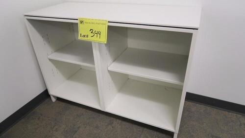 HERMAN MILLER OPEN FRONT BOOKCASE, 48" W X 34" T X 20" D, WHITE WITH THIN EDGE LAMINATE TOP. MSRP $1245