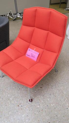 KNOLL "JEHS + LAUB" LOUNGE CHAIR, MOLDED AND REINFORCED URETHANE SHELL, POLYURETHANE FOAM WITH POLYESTER-FIBER UPHOLSTRY BACKING, HIDDEN SEAM TUFTING, POLISHED CHROME WIRE BASE, RED FABRIC. MSRP $5000