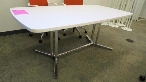 HERMAN MILLER "EVERYWHERE TABLE", SQUARE EDGE, SOFT RECTANGLE 36" X 72" TOP, WHITE LAMINATE, DUAL COLUMN POLISHED BASE WITH SPANNER. MSRP $2380
