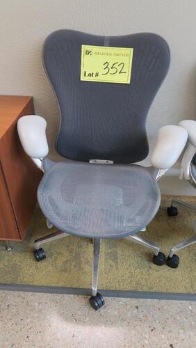HERMAN MILLER "MIRA 2" PERFORMANCE WORK CHAIR, TILT LIMITER WITH SEAT ANGLE ADJUSTMENT, ADJUSTABLE ARMS, FLEXFRONT ADJUSTABLE DEPTH SEAT, BUTTERFLY SUSPENSION BACK, ADJUSTABLE LUMBAR SUPPORT, SEMI-POLISHED BASE WITH STUDIO WHITE FRAME, 2.5" STANDARD CASTE