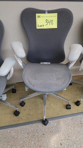 HERMAN MILLER "MIRA 2" PERFORMANCE WORK CHAIR, TILT LIMITER WITH SEAT ANGLE ADJUSTMENT, ADJUSTABLE ARMS, FLEXFRONT ADJUSTABLE DEPTH SEAT, BUTTERFLY SUSPENSION BACK, ADJUSTABLE LUMBAR SUPPORT, SEMI-POLISHED BASE WITH STUDIO WHITE FRAME, 2.5" STANDARD CASTE