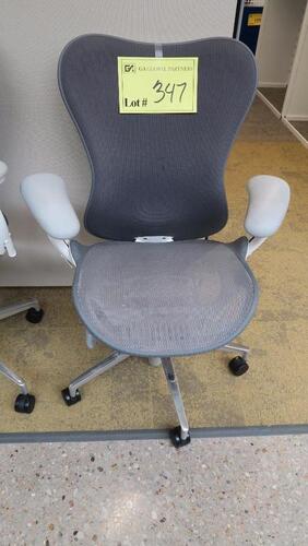 HERMAN MILLER "MIRA 2" PERFORMANCE WORK CHAIR, TILT LIMITER WITH SEAT ANGLE ADJUSTMENT, ADJUSTABLE ARMS, FLEXFRONT ADJUSTABLE DEPTH SEAT, BUTTERFLY SUSPENSION BACK, ADJUSTABLE LUMBAR SUPPORT, SEMI-POLISHED BASE WITH STUDIO WHITE FRAME, 2.5" STANDARD CASTE