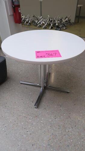 HERMAN MILLER "EVERYWHERE TABLE", SQUARE EDGE, 36" DIAMETER ROUND TOP, WHITE LAMINATE, 28 1/2" TALL, 4 COLUMN POLISHED BASE, DT1CS36LX. MSRP $1210