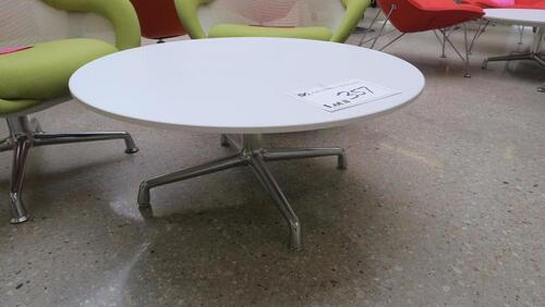 STEELCASE "SW 1" OCCASIONAL TABLE, 36" ROUND, 15" TALL, 4 STAR BASE, POLISHED FRAME, WHITE VENEER TOP. MSRP $1847