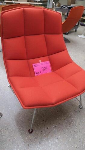 KNOLL "JEHS + LAUB" LOUNGE CHAIR, MOLDED AND REINFORCED URETHANE SHELL, POLYURETHANE FOAM WITH POLYESTER-FIBER UPHOLSTRY BACKING, HIDDEN SEAM TUFTING, POLISHED CHROME WIRE BASE, RED FABRIC. MSRP $5000