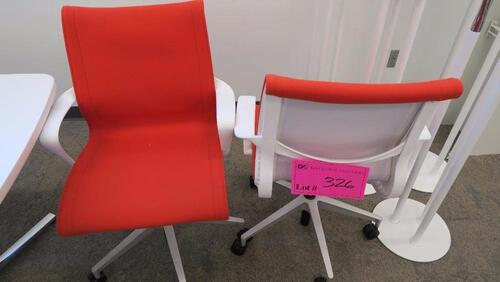 LOT OF 2, HERMAN MILLER "SETU" CHAIR, 5 STAR BASE WITH CASTERS, RIBBON ARMS, STUDIO WHITE FRAME, SEMI POLISHED BASE, CARPET CASTERS, ORANGE DIVINA FABRIC SEAT AND BACK. MSRP $1000 EACH.