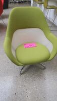 STEELCASE "SW 1" LOUNGE CHAIR BY COALESSE, LOW BACK, 4 STAR BASE, POLISHED FRAME, SWIVEL RETURN, APPLE GREEN CLOTH. MSRP $1876