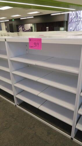 WHITE STEEL OPEN FACE STOREGE CABINET, FRONT AND BACK SHELF RAILS, FULLY ADJUSTABLE. W 48" X D 20" X H 56", CONFIGURED AS SHOWN. MSRP $750 EACH.