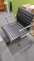 HERMAN MILLER "EAMES" ALUMINUM GROUP MANAGEMENT GROUP CHAIR, MANUAL LIFT WITH CASTERS AND ARMS, CARPET CASTERS WITH CHROME HOOD, POLISHED ALUMINUM BASE AND FRAME, BLACK MLC LEATHER. MSRP $2000