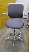 STEELCASE "COBI" SWIVEL BASE STOOL, WITH PADDED ARMS, WHITE AND PLATINUM FRAM, CHARCOAL FABRIC. MSRP $1058