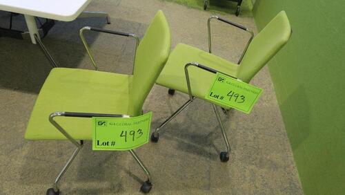 LOT OF 2, HIGHTOWER "FOUR CAST'1" ARM CHAIR ON CASTERS, CHROME FRAME, UPHOLSTERED POLYMIDE SEAT, JUNGLE GREEN. MS6RP $729 EACH.