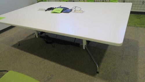 HERMAN MILLER "EAMES" CONFERENCE ROOM TABLE, 60" X 96" , WHITE LAMINATE RECTANGLE TOP, WHITE AND BLACK AND POLISHED SEGMENTED BASE, 28 1/2" TALL. MSRP $3719.