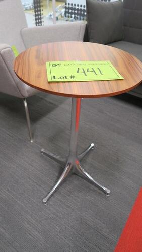 HERMAN MILLER "NELSON" PEDASTAL ROUND TABLES, 17" VENEER TOP, 26" TALL, POLISHED PEDASTAL BASE. MSRP $903