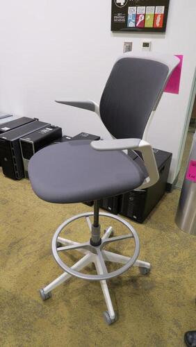 STEELCASE "COBI" SWIVEL BASE STOOL, WITH PADDED ARMS, WHITE AND PLATINUM FRAM, CHARCOAL FABRIC. MSRP $1058