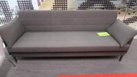 STEELCASE "MILLBRAE" CONTRACT LOUNGE SOFA WITH ARM RESTS BY COALESSE, 30" D X 84" W X 31" H, 3 PERSON, GRAPHITE FABRIC, WITH 2 THROW PILLOWS, BRUSHED NICKEL BASE. MSRP $4469