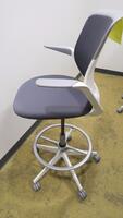 STEELCASE "COBI" SWIVEL BASE STOOL, WITH PADDED ARMS, WHITE AND PLATINUM FRAM, CHARCOAL FABRIC. MSRP $1058