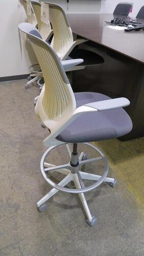 STEELCASE "COBI" SWIVEL BASE STOOL, WITH PADDED ARMS, WHITE AND PLATINUM FRAM, CHARCOAL FABRIC. MSRP $1058