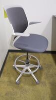 STEELCASE "COBI" SWIVEL BASE STOOL, WITH PADDED ARMS, WHITE AND PLATINUM FRAM, CHARCOAL FABRIC. MSRP $1058
