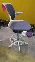 STEELCASE "COBI" SWIVEL BASE STOOL, WITH PADDED ARMS, WHITE AND PLATINUM FRAM, CHARCOAL FABRIC. MSRP $1058