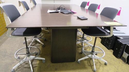 NUCRAFT "PASSPORT" HIGH BOY CONFERENCE TABLE, 108" X 60" RECTANGLE TOP, 42" TALL, STATIONARY BASE, EXTRON CABLECUBBY TEAMWORK, MID ATLANTIC CAB FAN, RIFT WHITE OAK WITH G03 CARBON FINISH. MSRP $12901