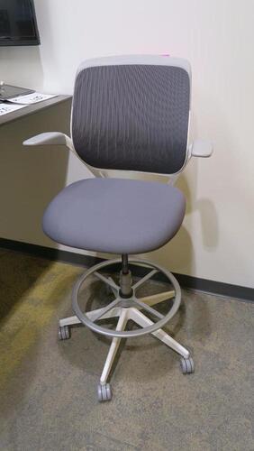 STEELCASE "COBI" SWIVEL BASE STOOL, WITH PADDED ARMS, WHITE AND PLATINUM FRAM, CHARCOAL FABRIC. MSRP $1058