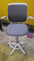 STEELCASE "COBI" SWIVEL BASE STOOL, WITH PADDED ARMS, WHITE AND PLATINUM FRAM, CHARCOAL FABRIC. MSRP $1058