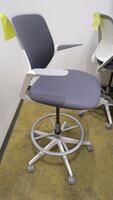 STEELCASE "COBI" SWIVEL BASE STOOL, WITH PADDED ARMS, WHITE AND PLATINUM FRAM, CHARCOAL FABRIC. MSRP $1058