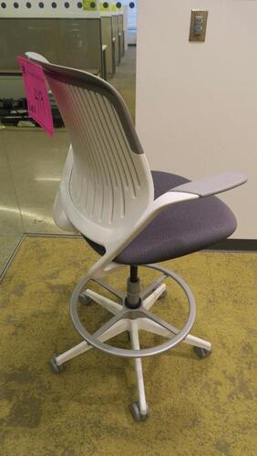 STEELCASE "COBI" SWIVEL BASE STOOL, WITH PADDED ARMS, WHITE AND PLATINUM FRAM, CHARCOAL FABRIC. MSRP $1058