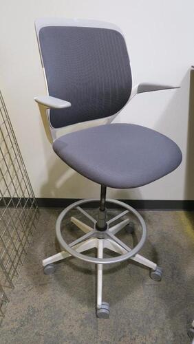 STEELCASE "COBI" SWIVEL BASE STOOL, WITH PADDED ARMS, WHITE AND PLATINUM FRAM, CHARCOAL FABRIC. MSRP $1058