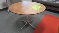 HERMAN MILLER "NELSON" PEDASTAL ROUND TABLES, 28" VENEER TOP, 21" TALL, POLISHED PEDASTAL BASE. MSRP $1148