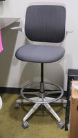 STEELCASE "COBI" SWIVEL BASE STOOL, WITH PADDED ARMS, WHITE AND PLATINUM FRAM, CHARCOAL FABRIC. MSRP $1058