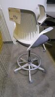 STEELCASE "COBI" SWIVEL BASE STOOL, WITH PADDED ARMS, WHITE AND PLATINUM FRAM, CHARCOAL FABRIC. MSRP $1058