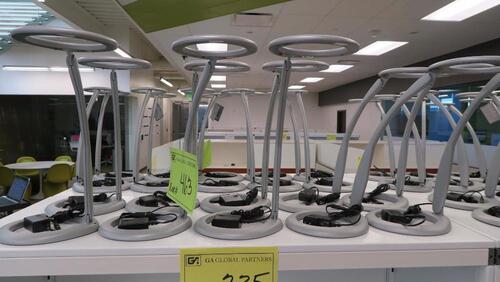LOT OF 10, LUXO 360 LED TASK LIGHT, DIMMABLE, SILVER-GREY, LIGHT SOURCE: 6.5W DIMMABLE LEDS (4X1.6W), TOTAL ENERGY CONSUMPTION: 7.5W, OFFSTATE POWER: 0.3W, ILLUMINANCE: 105 FOOTCANDLES AT 16 IN. ( 1100 LUX AT 400 MM), COLOR TEMPERATURE: 3250 KELVIN, COLOR