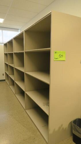 RUN OF 4 SECTIONS, STEEL STOCKROOM SHELVING, EACH UNIT IS 48" WIDE X 36" DEEP X 84" TALL, SOLD BY THE RUN. MSRP $675 EACH SECTION.