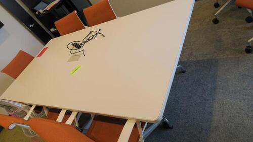 HERMAN MILLER "EAMES" CONFERENCE TABLE, 48" X 96", WHITE LAMINATE TOP, WHITE AND POLISHED SEGMENTED BASE, CENTER POWER MODULE CUTOUT. MSRP $3213