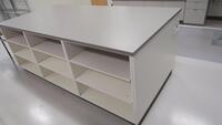 LARGE FREE STANDING MAIL ROOM COUNTER, 48" W X 96" L X 36" T, 6 ADJUSTABLE SHELF SECTIONS UNDERNEATH. MSRP$