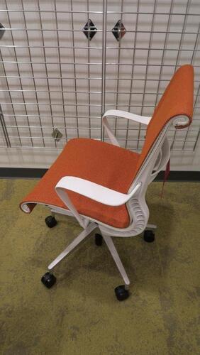 LOT OF 4, HERMAN MILLER "SETU" CHAIR, 5 STAR BASE WITH CASTERS, RIBBON ARMS, STUDIO WHITE FRAME, SEMI POLISHED BASE, CARPET CASTERS, COPPER DIVINA FABRIC SEAT AND BACK. MSRP $1000