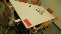 HERMAN MILLER "EAMES" CONFERENCE TABLE, 48" X 96", WHITE LAMINATE TOP, WHITE AND POLISHED SEGMENTED BASE, CENTER POWER MODULE CUTOUT. MSRP $3213